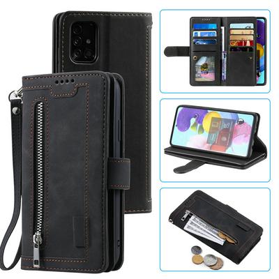 For Samsung Galaxy A82 Card Holder Slots Zipper Pocket PU Leather Case with Wrist Strap 
