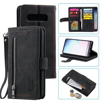 For Samsung Galaxy S10 Plus Card Holder Slots Zipper Pocket PU Leather Case with Wrist Strap 