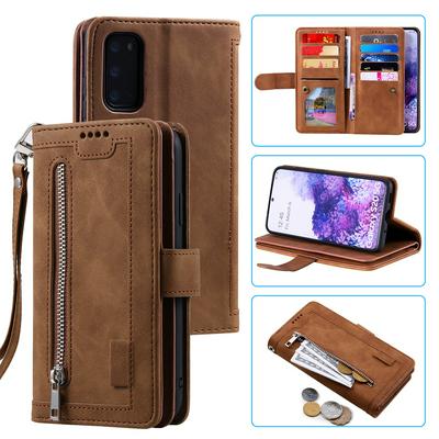 For Samsung Galaxy S20 Card Holder Slots Zipper Pocket PU Leather Case with Wrist Strap 