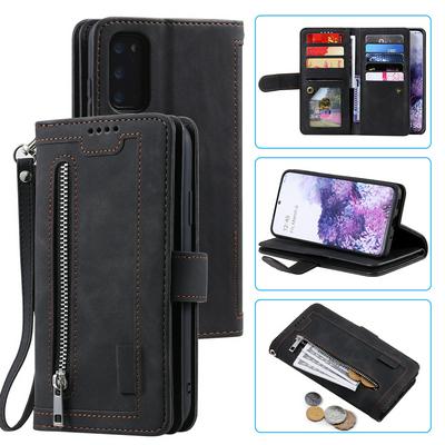 For Samsung Galaxy S20 Plus Card Holder Slots Zipper Pocket PU Leather Case with Wrist Strap 