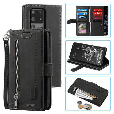 For Samsung Galaxy S20 Ultra Card Holder Slots Zipper Pocket PU Leather Case with Wrist Strap 