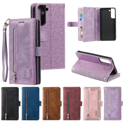 For Samsung Galaxy S22 Plus Card Holder Slots Zipper Pocket PU Leather Case with Wrist Strap 