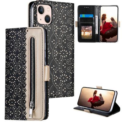 Zippered Wallet Case for iPhone 14, Patterned Leather Phone Cover with Wrist Strap