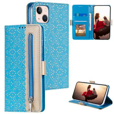 Zippered Wallet Case for iPhone 15, Patterned Leather Phone Cover with Wrist Strap