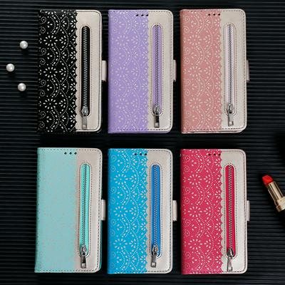 Zippered Wallet Case for iPhone 12 Mini, Patterned Leather Phone Cover with Wrist Strap