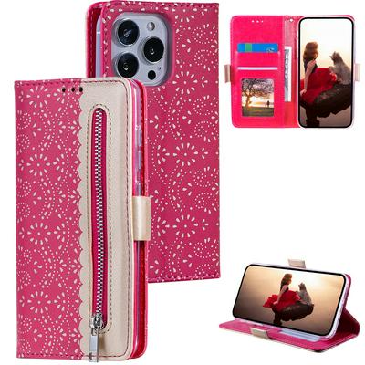 Zippered Wallet Case for iPhone 15 Pro, Patterned Leather Phone Cover with Wrist Strap