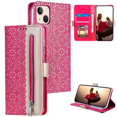 Zippered Wallet Case for iPhone 14 Plus, Patterned Leather Phone Cover with Wrist Strap
