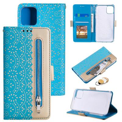 Zippered Wallet Case for iPhone 13 Pro, Patterned Leather Phone Cover with Wrist Strap