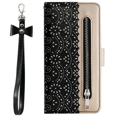 Zippered Wallet Case for iPhone XR, Patterned Leather Phone Cover with Wrist Strap