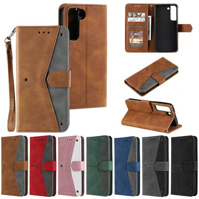 For Samsung Galaxy S22 Plus Color Blocking Design Shockproof PU Leather Phone Case