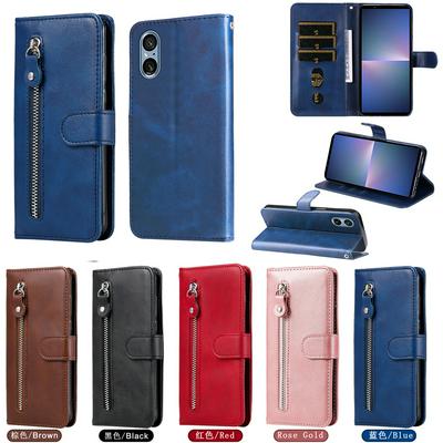 For Sony Xperia 5 V 2023 Stylish Zipper Calf Pattern Shockproof PU Leather + Soft TPU Phone Case