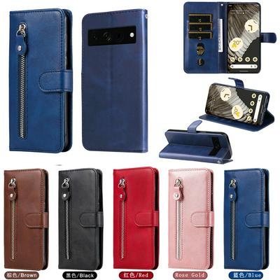 For Google Pixel 7 Pro Stylish Zipper Calf Pattern Shockproof PU Leather + Soft TPU Phone Case