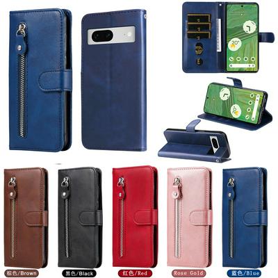 For Google Pixel 7 Stylish Zipper Calf Pattern Shockproof PU Leather + Soft TPU Phone Case