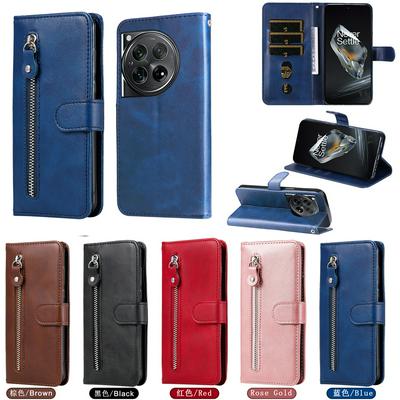 For Oneplus 12 Stylish Zipper Calf Pattern Shockproof PU Leather + Soft TPU Phone Case