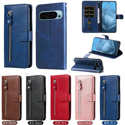 For Google Pixel 9 Pro Stylish Zipper Calf Pattern Shockproof PU Leather + Soft TPU Phone Case