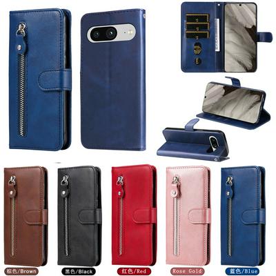 For Google Pixel 8 Stylish Zipper Calf Pattern Shockproof PU Leather + Soft TPU Phone Case