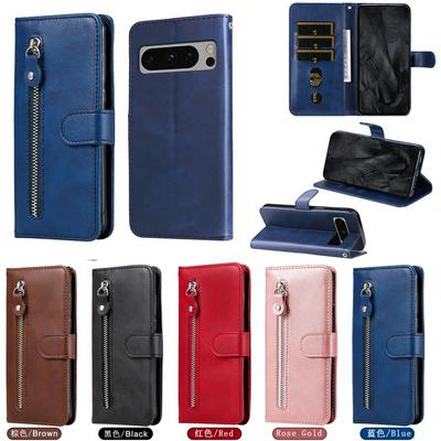 For Google Pixel 8 Pro Stylish Zipper Calf Pattern Shockproof PU Leather + Soft TPU Phone Case