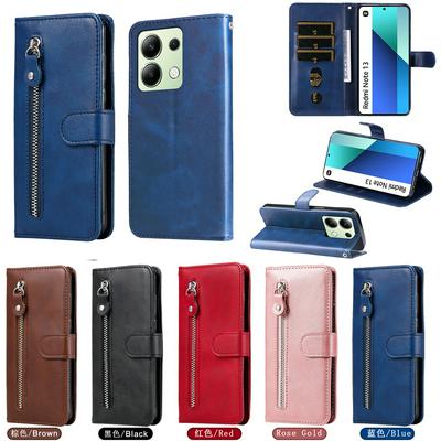 For Xiaomi Redmi Note 13 4G Stylish Zipper Calf Pattern Shockproof PU Leather + Soft TPU Phone Case
