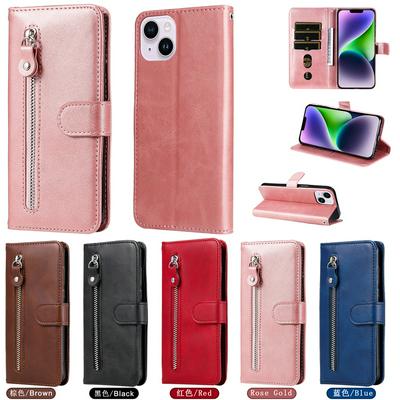 For iPhone 15 Plus Stylish Zipper Calf Pattern Shockproof PU Leather + Soft TPU Phone Case