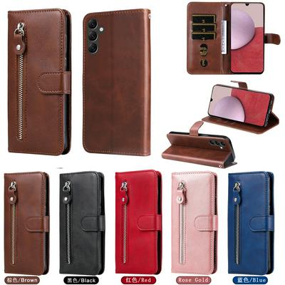 For Samsung Galaxy A14 5G Stylish Zipper Calf Pattern Shockproof PU Leather + Soft TPU Phone Case