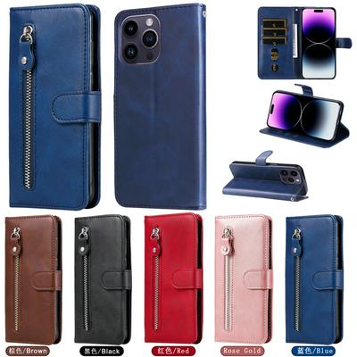 For iPhone 15 Pro Max Stylish Zipper Calf Pattern Shockproof PU Leather + Soft TPU Phone Case