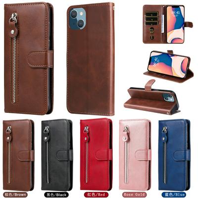 For iPhone 14 Plus Stylish Zipper Calf Pattern Shockproof PU Leather + Soft TPU Phone Case