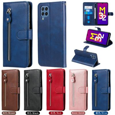 For Samsung Galaxy M32 4G Stylish Zipper Calf Pattern Shockproof PU Leather + Soft TPU Phone Case