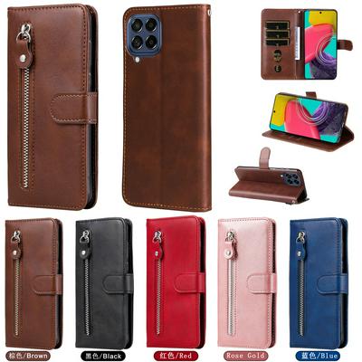 For Samsung Galaxy M53 5G Stylish Zipper Calf Pattern Shockproof PU Leather + Soft TPU Phone Case