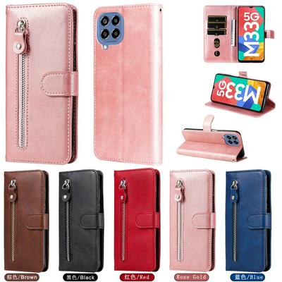 For Samsung Galaxy M33 5G Stylish Zipper Calf Pattern Shockproof PU Leather + Soft TPU Phone Case