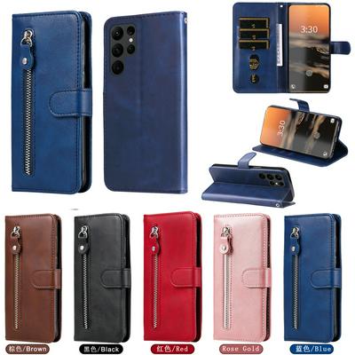 For Samsung Galaxy S23 Ultra Stylish Zipper Calf Pattern Shockproof PU Leather + Soft TPU Phone Case