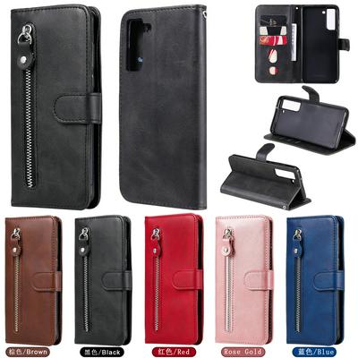 For Samsung Galaxy S21 FE Stylish Zipper Calf Pattern Shockproof PU Leather + Soft TPU Phone Case