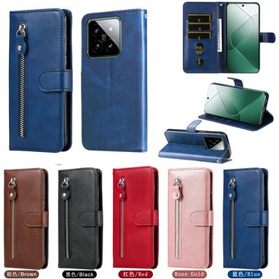 For Xiaomi 14 Stylish Zipper Calf Pattern Shockproof PU Leather + Soft TPU Phone Case