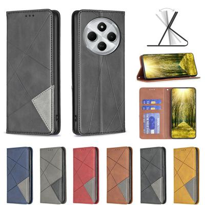 For Xiaomi Redmi 14C Stitching Rhombus Pattern Folio Flip PU Leather Wallet Phone Case