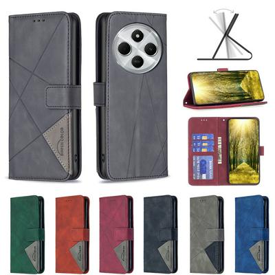 BF05 For Xiaomi Redmi 14C Stitching Rhombus Pattern Folio Flip PU Leather Wallet Phone Case