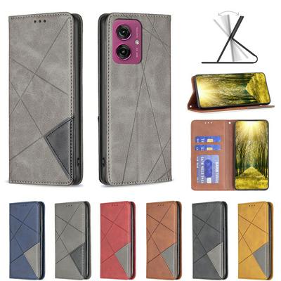 For Motorola Moto G55 5G Stitching Rhombus Pattern Folio Flip PU Leather Wallet Phone Case