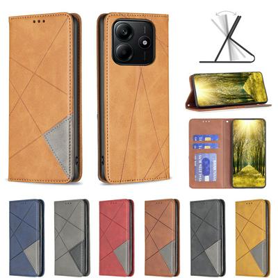 For Xiaomi Redmi Note 14 5G Stitching Rhombus Pattern Folio Flip PU Leather Wallet Phone Case