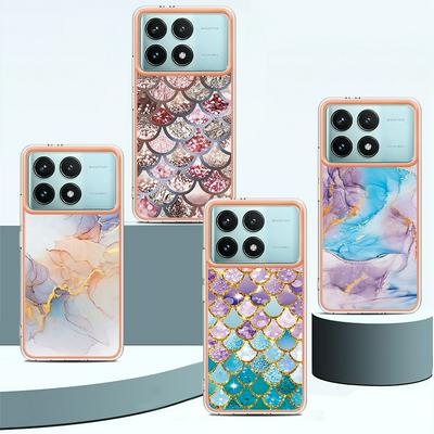 For Xiaomi Poco F6 Pro 5G/Redmi K70 5G/Redmi K70 Pro 5G IMD Anti-dirt Anti-scratch Soft TPU Case Electroplating Edge IMD Marble Floral Pattern Cover