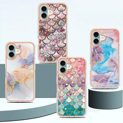 For iPhone 16 IMD Anti-dirt Anti-scratch Soft TPU Case Electroplating Edge IMD Marble Floral Pattern Cover