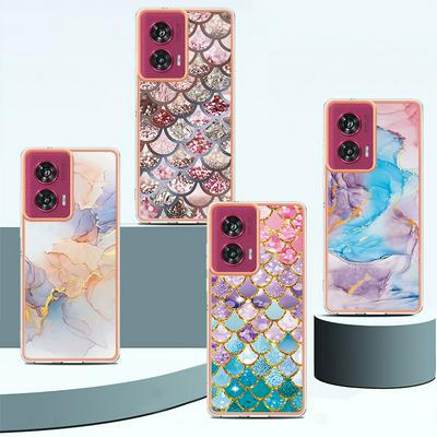 For Motorola Moto Edge 50 Fuison IMD Anti-dirt Anti-scratch Soft TPU Case Electroplating Edge IMD Marble Floral Pattern Cover