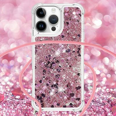 For iPhone 16 Pro Max Solid Color Anti-fall Quicksand Soft TPU Back Phone Cover with Lanyard