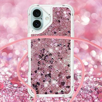 For iPhone 16 Solid Color Anti-fall Quicksand Soft TPU Back Phone Cover with Lanyard