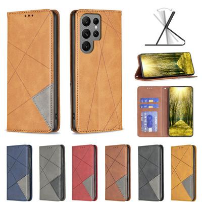 For Samsung Galaxy S25 Ultra Stitching Rhombus Pattern Folio Flip PU Leather Wallet Phone Case