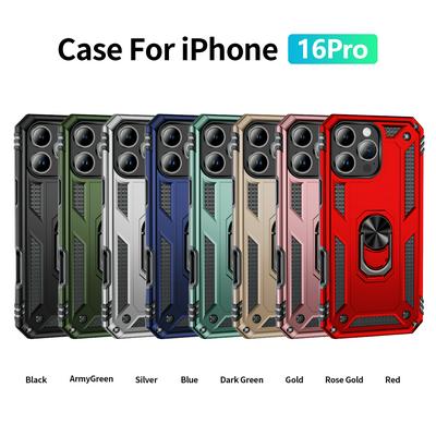 Sergeant Shockproof Drop-proof PC+TPU Phone Protective Case with Metal Ring Kickstand and Metal Patch for iphone 16 Pro