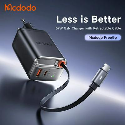 Mcdodo FreeGo Fast Charger 67W with USB-C Cable Retractable Display 3 Ports Support PD / Super Charging for Samsung Iphone