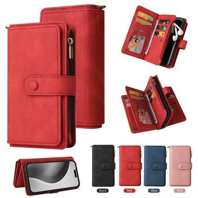 For iPhone 16 Pro Max KT Multi-Functional Series-2 15 Cards Design Buckle Closure Skin Touch PU Leather Phone Wallet Stand Case with Wrist Strap