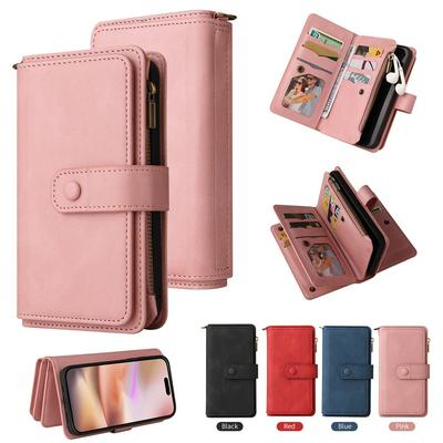 For iPhone 16 Plus KT Multi-Functional Series-2 15 Cards Design Buckle Closure Skin Touch PU Leather Phone Wallet Stand Case with Wrist Strap