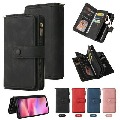 For iPhone 16 KT Multi-Functional Series-2 15 Cards Design Buckle Closure Skin Touch PU Leather Phone Wallet Stand Case with Wrist Strap