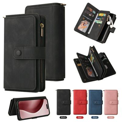 For iPhone 16 Pro KT Multi-Functional Series-2 15 Cards Design Buckle Closure Skin Touch PU Leather Phone Wallet Stand Case with Wrist Strap