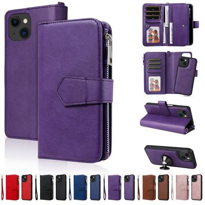 KT Multi-functional Series-4 for iPhone 15 Case Detachable PU Leather Zipper Flip Wallet Phone Cover