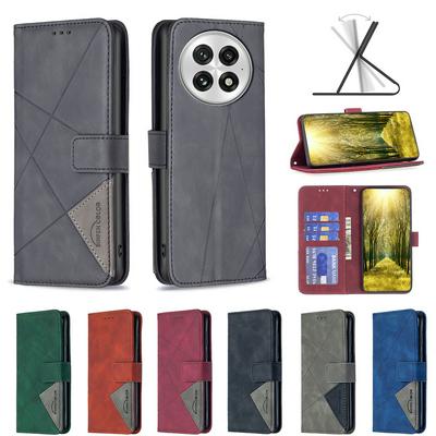 BF05 For Oneplus 13 Stitching Rhombus Pattern Folio Flip PU Leather Wallet Phone Case